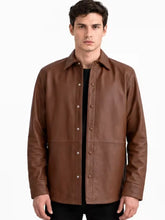 Men's Black Sheepskin Leather Shirt Jacket with Shirt Style Collar and Front Button Closure, zip and closure detail