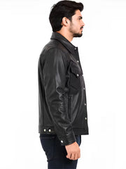 Men's black sheepskin leather shirt jacket, collar detail