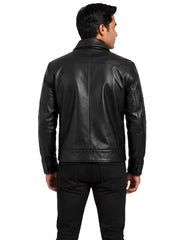 Men's black sheepskin leather shirt jacket, back view