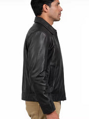 Men's black sheepskin leather shirt jacket, collar detail