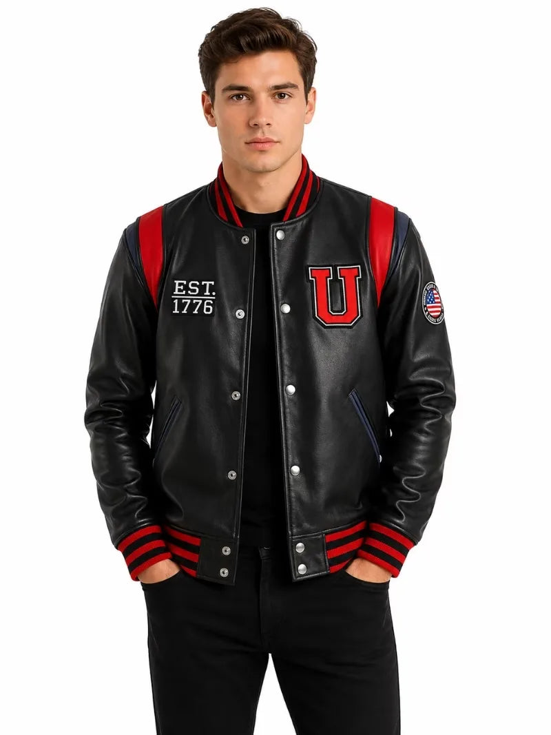 Men's black sheepskin leather jacket, front view