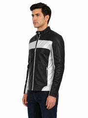 Men's black sheepskin leather jacket, collar detail