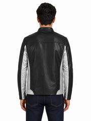 Men's black sheepskin leather jacket, back view