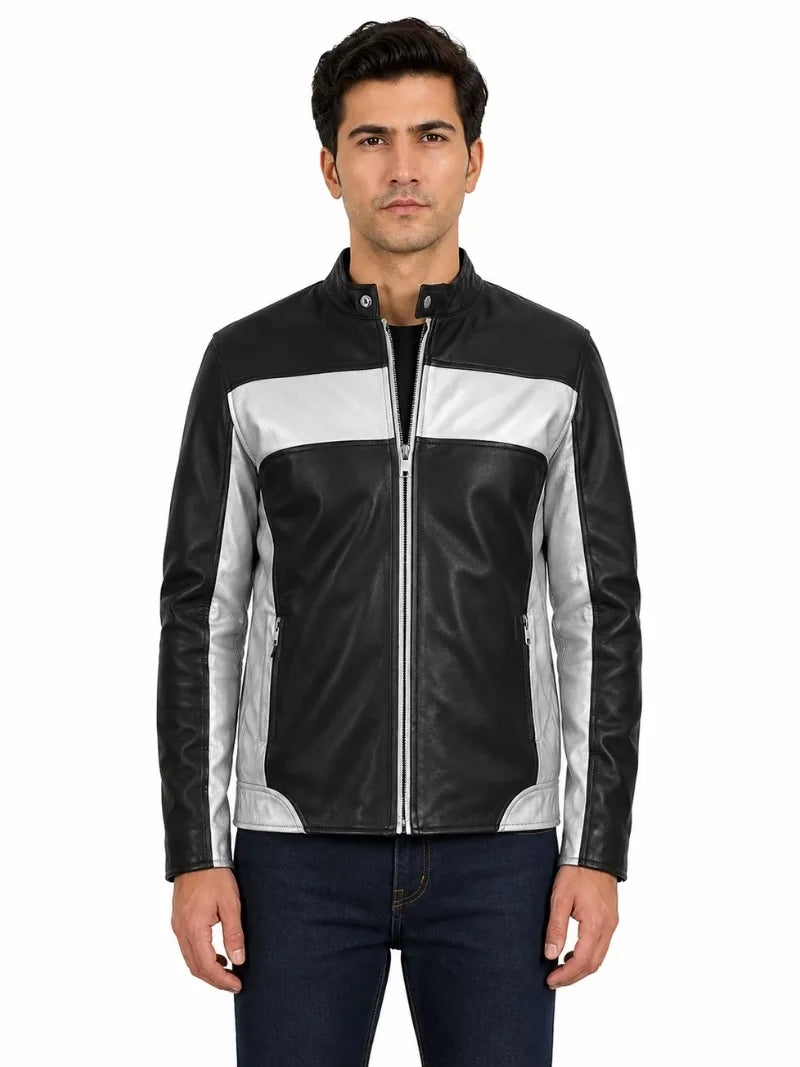 Men's black sheepskin leather jacket, front view