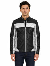 Men's Black Sheepskin Leather Jacket with Snap Collar and Zip Front, front view