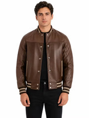 Men's black sheepskin leather jacket, side view