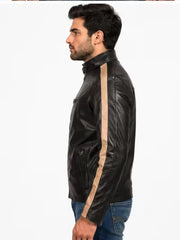 Men's black sheepskin leather jacket, collar detail