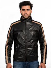 Men's Black Sheepskin Leather Jacket with Stand Collar with Snap Tab, front view