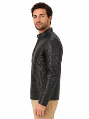 Men's black sheepskin leather jacket, collar detail