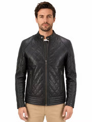 Men's black sheepskin leather jacket, front view