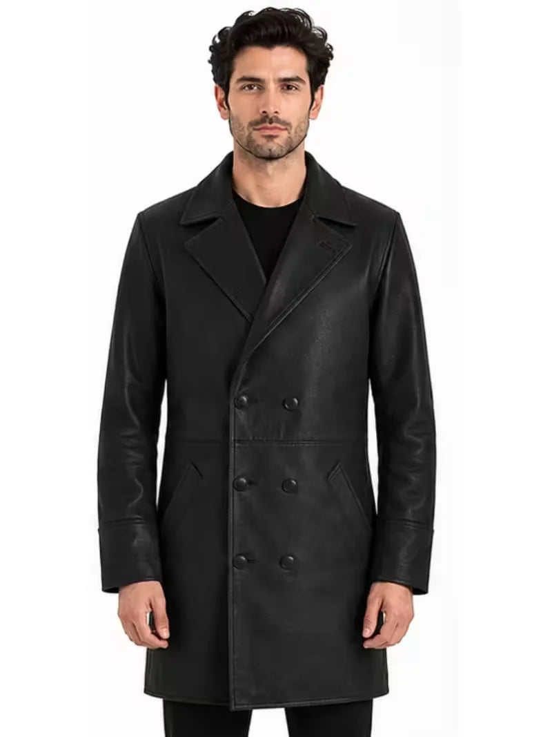 Men's brown sheepskin leather coat, front view