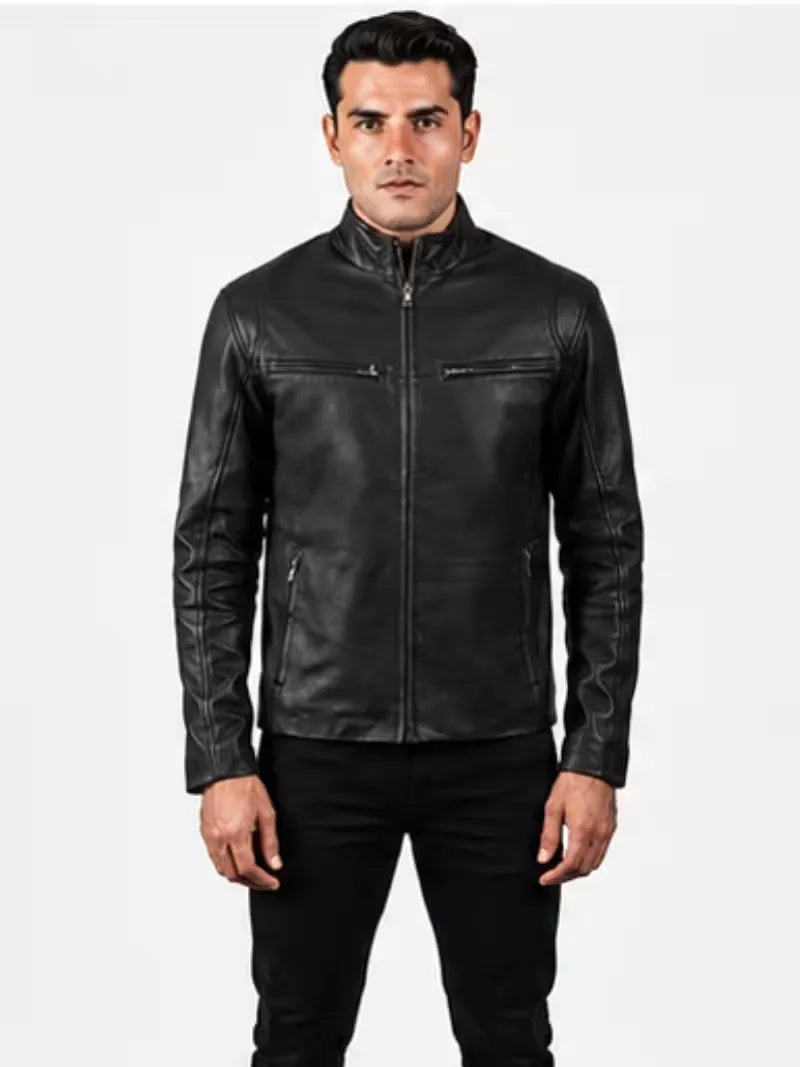 Men's brown sheepskin leather jacket, front view