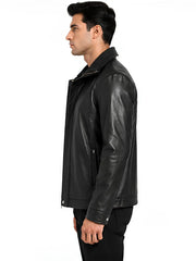 Men's black sheepskin leather hooded jacket, side view