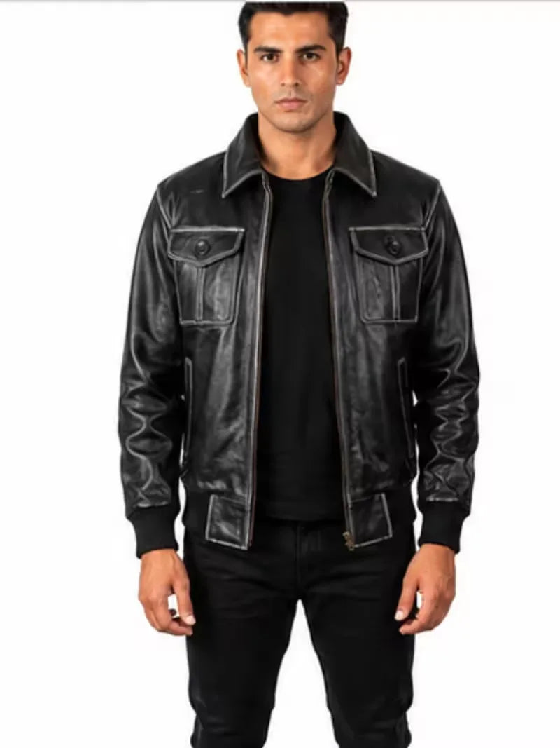 Men's black sheepskin leather jacket, front view