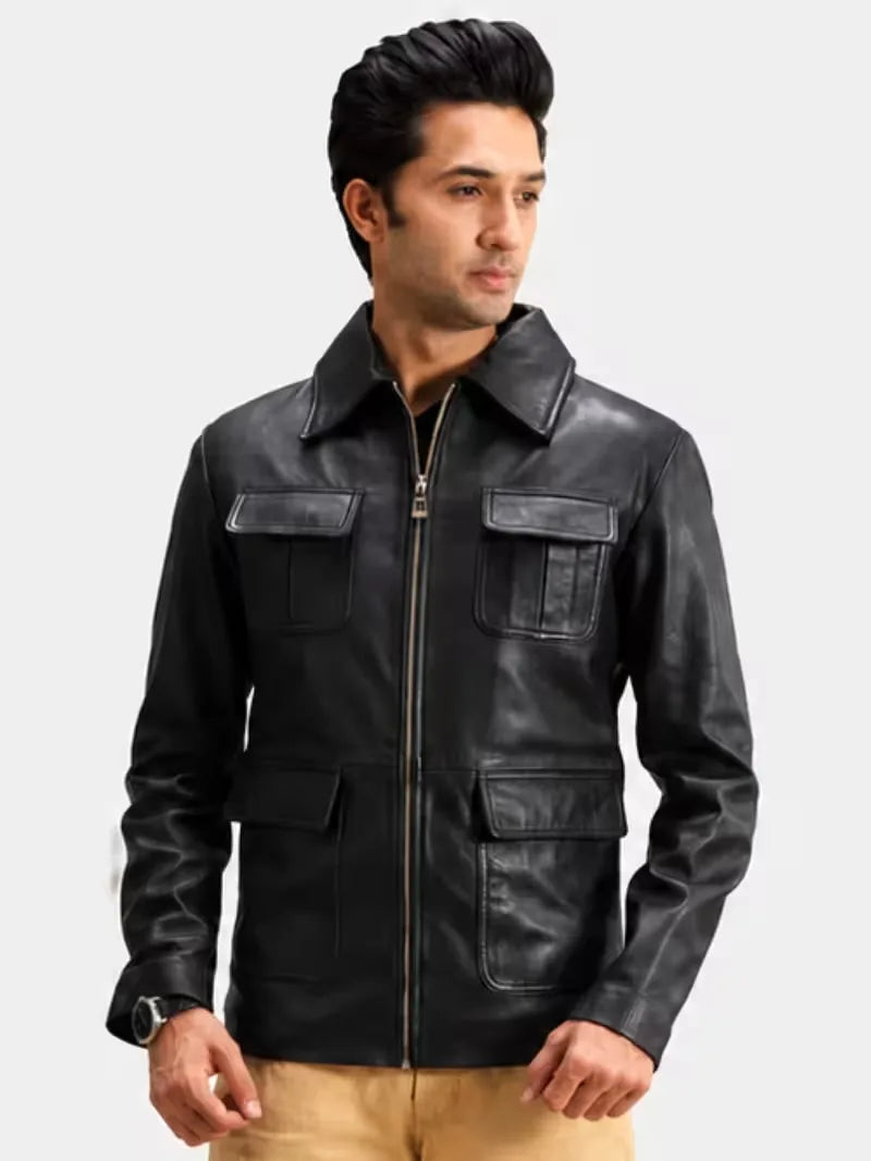 Men's black sheepskin leather jacket, front view