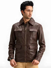 Men's Black Sheepskin Leather Jacket with Shirt Collar and Front Zipper Closure, zip and closure detail