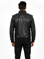 Men's black sheepskin leather jacket, back view