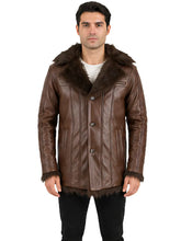 Men's black sheepskin leather coat, zip and closure detail