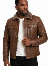 Men's black shearling leather jacket, zip and closure detail