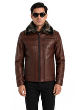 Men's brown shearling leather jacket, front view