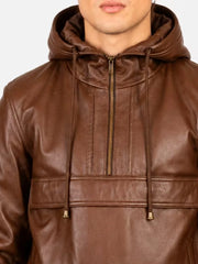 Men's black sheepskin leather hooded jacket, side view