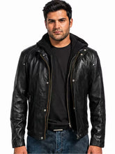 Men's Black Sheepskin Leather Hooded Jacket with Snap Button Front, front view