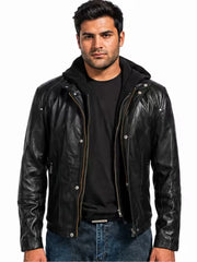 Men's black sheepskin leather hooded jacket, front view