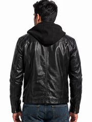 Men's black sheepskin leather hooded jacket, back view
