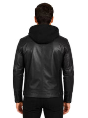 Men's black sheepskin leather hooded jacket, back view