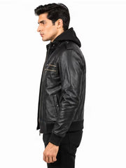 Men's black real leather hooded jacket, collar detail