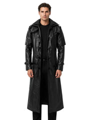 Men's black sheepskin leather hooded jacket, front view