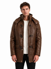 Men's Black Sheepskin Leather Hooded Jacket with Toggle Closure and Flap Pockets, photo 9