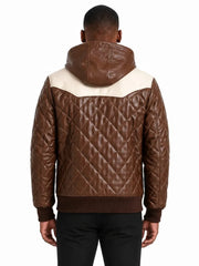 Men's black sheepskin leather hooded jacket, collar detail