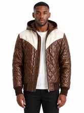Men's Black Sheepskin Leather Hooded Jacket with Contrast Yoke and Ribbed Cuffs, side view