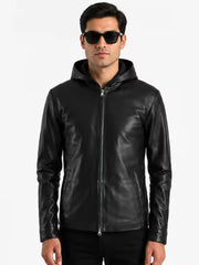 Men's black sheepskin leather hooded jacket, front view