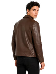 Men's black sheepskin leather jacket, collar detail