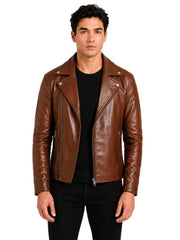 Men's black sheepskin leather jacket, side view