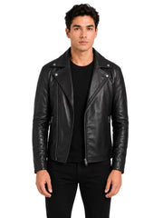 Men's black sheepskin leather jacket, front view