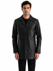 Men's black sheepskin leather coat, front view