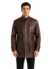 Men's black sheepskin leather jacket, side view