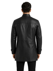 Men's black sheepskin leather jacket, back view