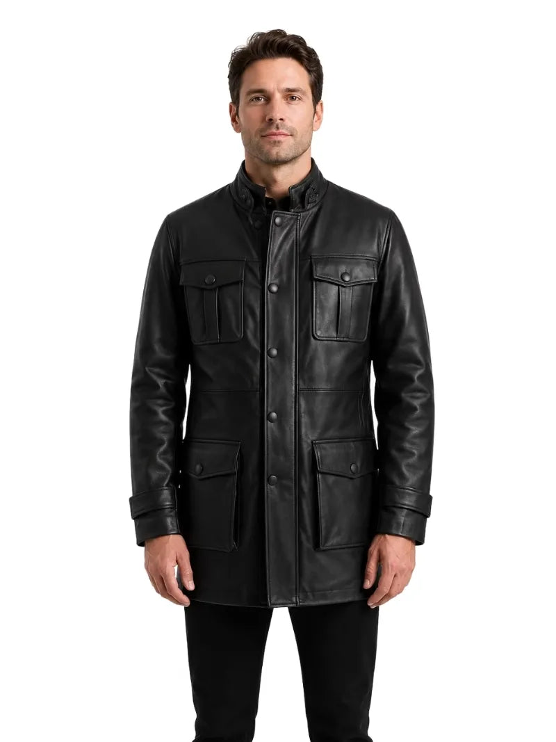 Men's black sheepskin leather jacket, front view