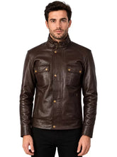 Men's Black Sheepskin Leather Jacket with Stand Collar and Flap Chest Pockets, side view