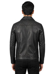Men's black sheepskin leather jacket, back view