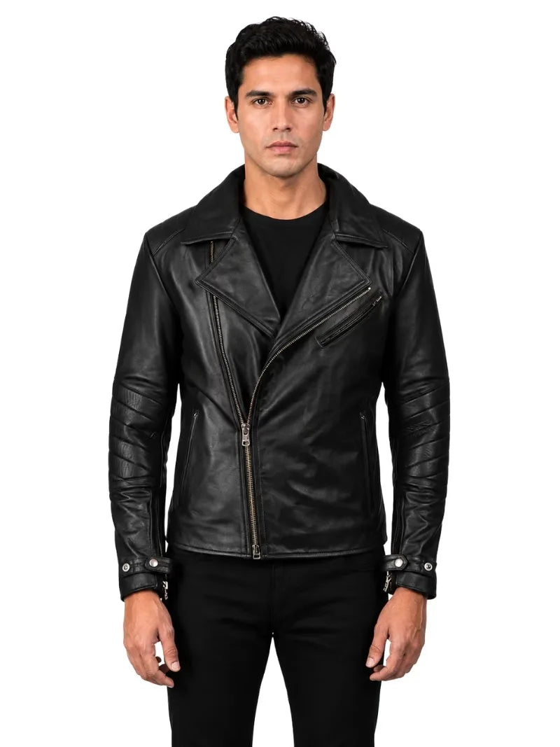 Men's black sheepskin leather jacket, front view