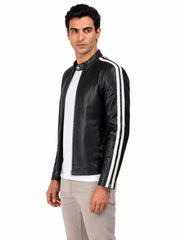 Men's black sheepskin leather jacket, collar detail