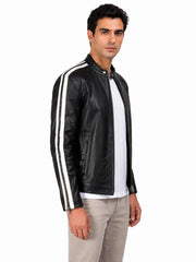 Men's black sheepskin leather jacket, side view