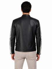 Men's black sheepskin leather jacket, back view