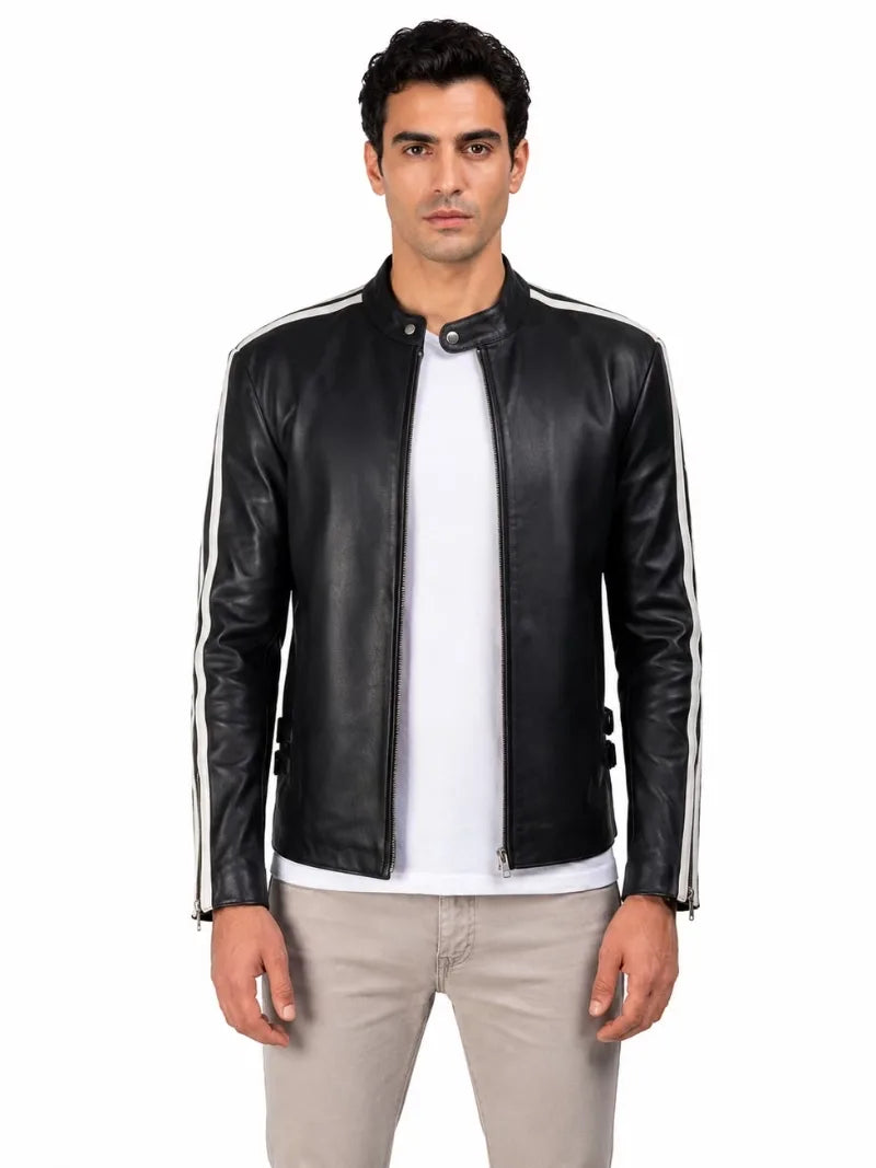 Men's black sheepskin leather jacket, front view