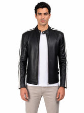 Men's Black Sheepskin Leather Jacket with Band Collar and Contrast Sleeve Stripes, front view